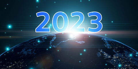 2023 new year world digital technology concept, growth economy business innovation development success future tech, earth 3d render graphic text banner illustration technology blue background