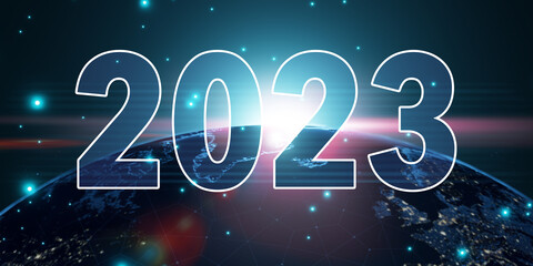 2023 new year world digital technology concept, growth economy business innovation development success future tech, earth 3d render graphic text banner illustration technology blue background