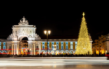 Portugal - Lisbon  cityscape at a Christmas night - Xmas Market at Commerce square in Lisboa