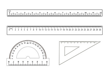 Canvas Print - Rulers, triangle and protractor on white background, collage. Illustration