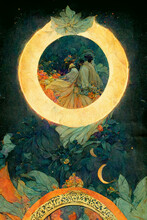 Abstract Eclipse Painting With Floral Pattern In Alphonse Mucha Art Style.