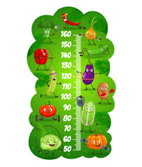 Wall Mural - Cartoon vegetables compete in sports, vector kids height chart, growth meter. Ruler scale with funny tomato, pepper, cabbage and broccoli, onion, pumpkin, zucchini and eggplant, potato characters