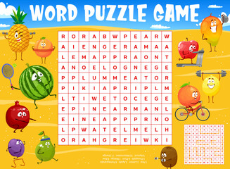 Wall Mural - Cartoon fruits characters on summer beach. Word search puzzle game worksheet. Kids quiz grid riddle, word search game, vector puzzle with pineapple, apricot and watermelon, pomegranate, plum and pear