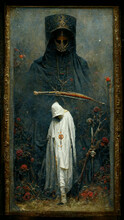 Messenger Of Death Painting. Man In White Walking In Garden Of Rose And Dark And Black Silhouette Of Death In Background. Symbolism Art Painting.