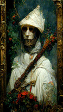 Portrait Of Death. Creepy Dead Man With Skull And Bones In Rose Garden. Vintage Painting