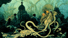 Lovecraft Tentacle Monster In Mucha And Art Nouveau Style.