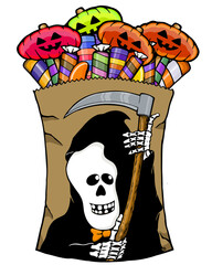 Wall Mural - sack full of candy with a cartoon grim reaper