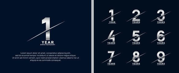 set of anniversary logotype silver color on dark blue background for celebration moment