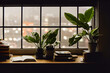 © Constantina - View from a plant-cluttered desk out a window into a rainy city, Generative AI