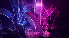 Trendy Background Design. Tropical Plants With Pink And Blue, Hexagon Shaped Neon Frame.