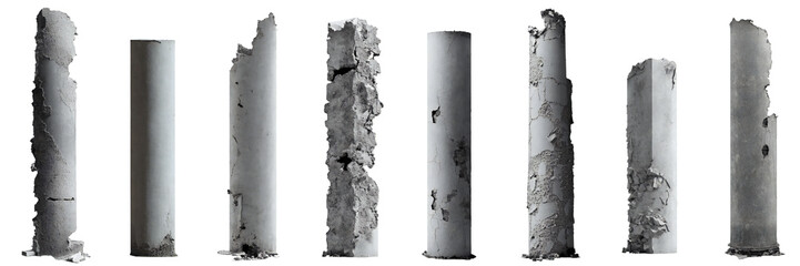 Wall Mural - set of damaged concrete pillars isolated on white background