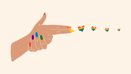 Hands shooting lgbt hearts. Vector in cartoon style. All elements are isolated