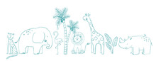 Beautiful Baby Stock Illustration With Cute Hand Drawn Safari Animals And Palm Tree. Clip Art.