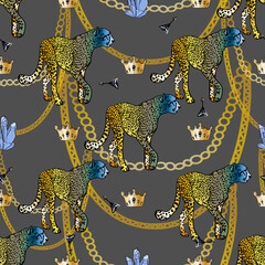 Wall Mural - Tropical jaguar pattern and crown. Seamless illustration of a chain, exotic animals, jaguars for printing on clothes, a blank for designers, textiles