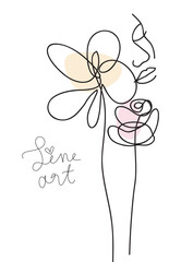 Aufkleber - One line hand drawing. Abstract beautiful girl with flowers. Decorative female beauty icon. Vector stock illustration	