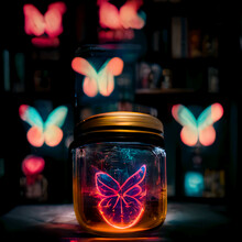 Multicolored Butterfly With Neon Colors Enclosed In A Jar