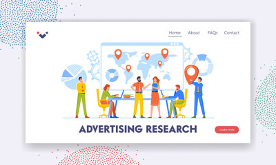 Wall Mural - Advertising Research Landing Page Template. Business People Think and Discussing Idea in Office with Map, Creative Team