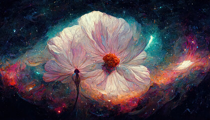 Wall Mural - Abstract, beautiful galaxy illustration flower in cosmos, the universe in the background, artistic visualization fantasy fairy tail wallpaper with glowing stars and planets colorful futuristic concept