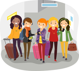 Sticker - Stickman Girls Travel Group Luggage Illustration