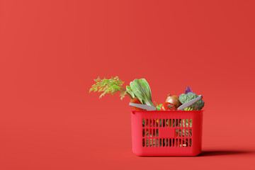 Basket with vegetables on red background. Supermarket shopping concept. 3d rendering