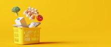 Basket With Foods On Yellow Background. Supermarket Shopping Concept. 3d Rendering