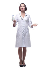 Wall Mural - smiling female doctor with sanitizer gel. isolated on white background.