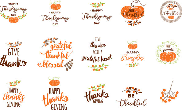PNG, transparent Thanksgiving lettering elements for invitations or festive greeting cards. Handwritten calligraphy set: Grateful Thankful Blessed Give thanks Autumn design for greeting prnit