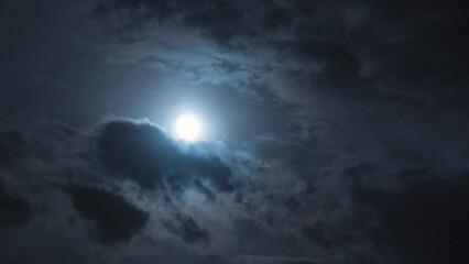 Wall Mural - full moon with moving clouds. night timelapse with clouds floating by. smooth departure of the camer