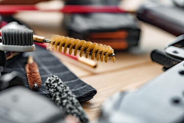 Wall Mural - Black disassembled shotgun and cleaning tools on wooden table .