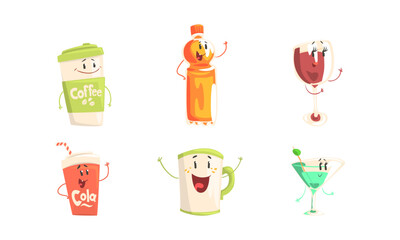 Wall Mural - Set of funny drinks cartoon characters. Cute mugs, glasses and cups with tea, coffee, wine, soda drinks vector illustration