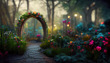 Magical Fairy Tale Garden With Flower Arc As Wallpaper Background
