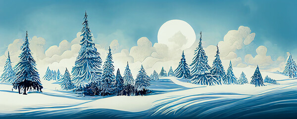 winter landscape with snow and fir trees as vintage christmas wallpaper