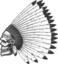 Indian Chief Skull, Native American In Feather Hat
