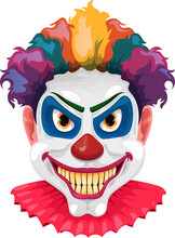 Monster Clown In Wig And Scary Smile Isolated Face