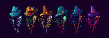 Witch Hats, Wands And Staffs Cartoon Vector Set. Wizard Headwear And Spell Stuff Vfx Effect, Decorated Magician Caps. Halloween Party Costume For Mages, Sorceress Or Astrologers Isolated Collection
