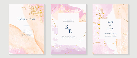 Fototapete - Luxury botanical wedding invitation card template. Watercolor card with leaf branch, foliage, pink and orange color. Elegant blossom vector design suitable for banner, cover, invitation.