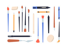 Art Supplies Set. Paint Brushes, Pencils, Liners, Erasers, Painters Tools. Paintbrushes, Painting Knife, Sponge, Pen, Stuff For Drawing. Flat Vector Illustration Isolated On White Background
