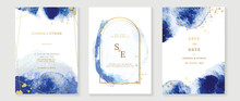 Luxury Wedding Invitation Card Template. Watercolor Card With Gold Texture, Blue Color, Golden Frames, Sparkles. Elegant Watercolor Texture Vector Design Suitable For Banner, Cover, Invitation, Flyer.