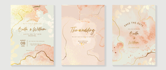 Luxury botanical wedding invitation card template. Watercolor card with, leaf branch, foliage, marble texture, rose gold color. Elegant blossom vector design suitable for banner, cover, invitation.