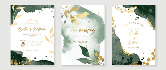 Fototapete - Luxury botanical wedding invitation card template. Watercolor card with eucalyptus, leaf branch, foliage, green color. Elegant blossom vector design suitable for banner, cover, invitation.