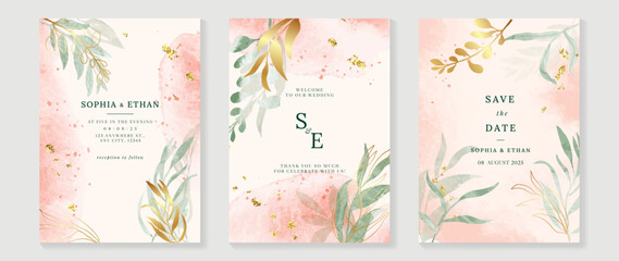 Fototapete - Luxury botanical wedding invitation card template. Watercolor card with eucalyptus, leaf branch, foliage, rose gold color. Elegant blossom vector design suitable for banner, cover, invitation.