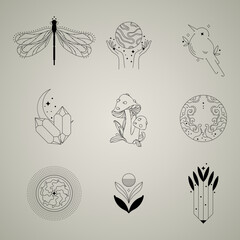 Set of nine stylish illustrations. Black logo on a light background. Hand drawn ink templates. Icons for decoration and design with crescent moon, sun stars, insects in boho style.