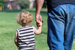 Man kidnapping little toddler or boy walking holding hands with his grandpa at park