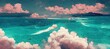 Idyllic paradise, travel destination islands in pacific ocean - calm turquoise waves, lagoons and uninhabited natural beauty. Epic sunny midday summer sky clouds. Watercolor art stylized.