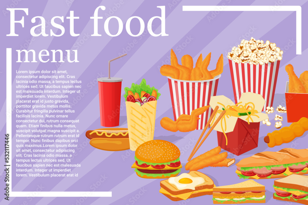 Fast food menu.Order card and poster for street food and restaurants.Vector illustration.