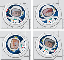 Wall Mural - Set of different astronauts at spaceship windows