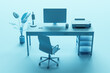 © Who is Danny - Abstract blue minimalistic designer workplace with furniture, computer monitor and other items. 3D Rendering.