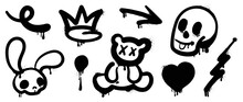 Set Of Black Graffiti Spray Pattern. Collection Of Symbols, Heart, Crown, Arrows, Rabbit, Bear, Skull With Spray Texture. Elements On White Background For Banner, Decoration, Street Art And Ads.
