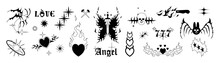 Set Of Y2k Tattoo Symbol Vector On White Background. Black Trendy Element Design With Heart, Fire, Fonts, Skull, Spider, Wasp. 90s Hand Drawn Tattoo Design For Sticker, Decorative, Body Paint.