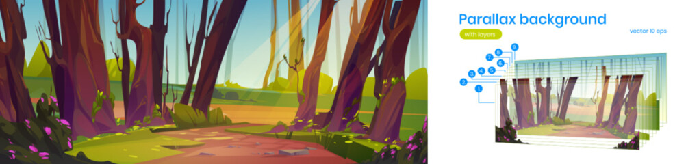 Wall Mural - Parallax background cartoon summer nature landscape with dirt road in forest. Vector template for game animation with separated layers, scenery view with tree trunks, green grass, bushes and sunlight